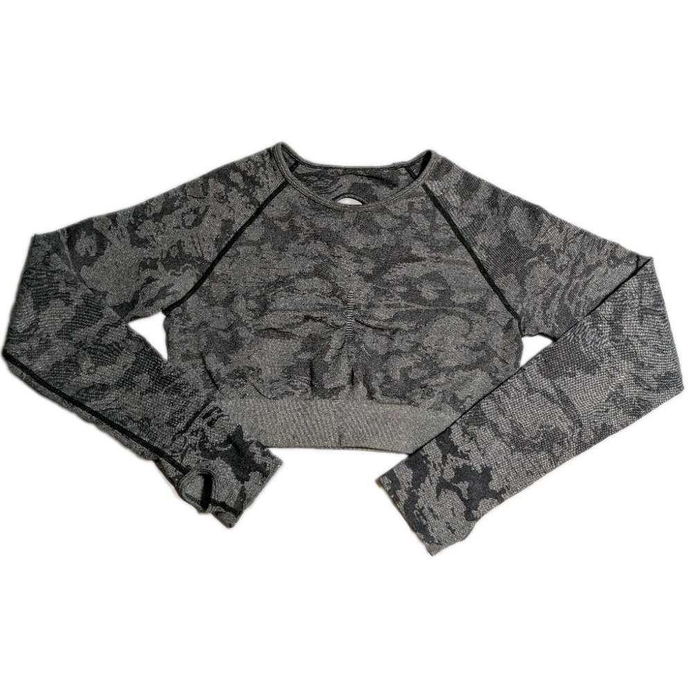 Gymshark Adapt Camo Seamless Crop Top Womens M Gray Long Sleeve Ruched Cutout